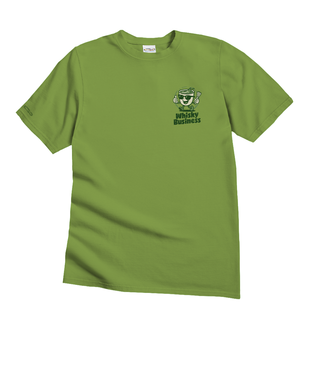 Green t-shirt with a logo and text on a white background View 4