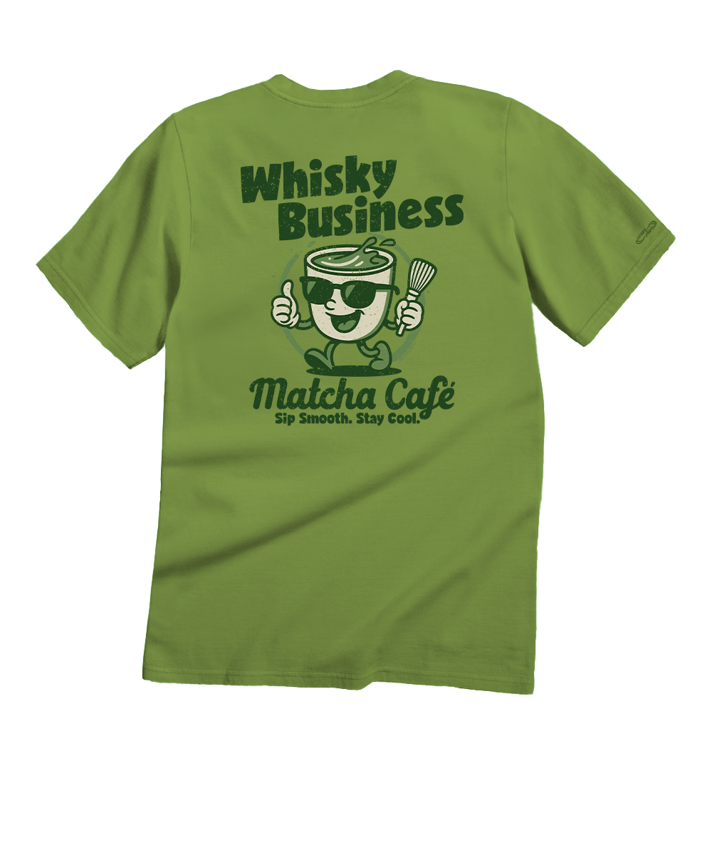 Green t-shirt with 'Whisky Business Matcha Cafe' graphic on a white background View 1