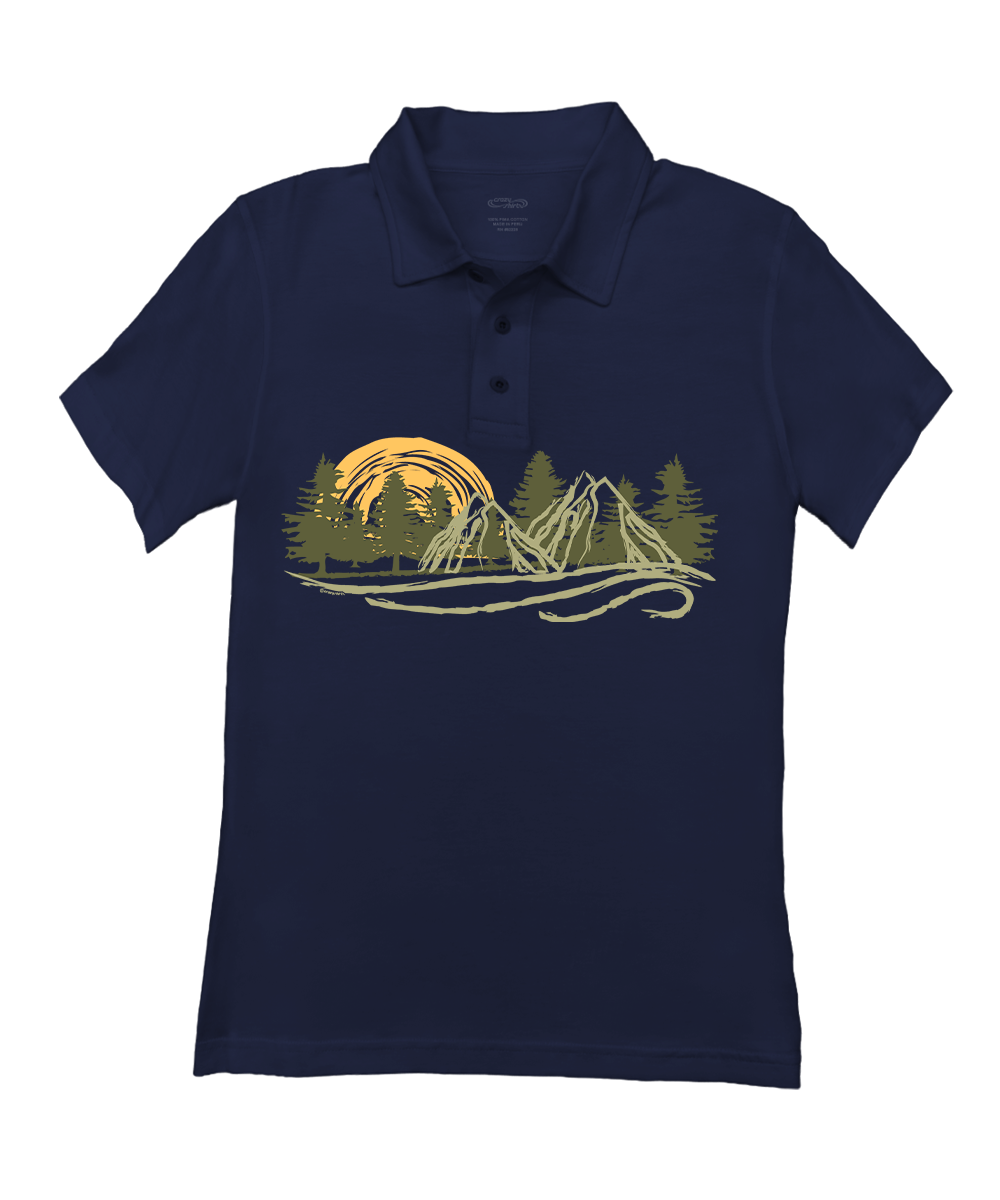 A navy blue short-sleeve crewneck t-shirt featuring a stylized graphic print of a mountain landscape with pine trees, a winding river, and a large yellow-orange sun on the chest. View 1