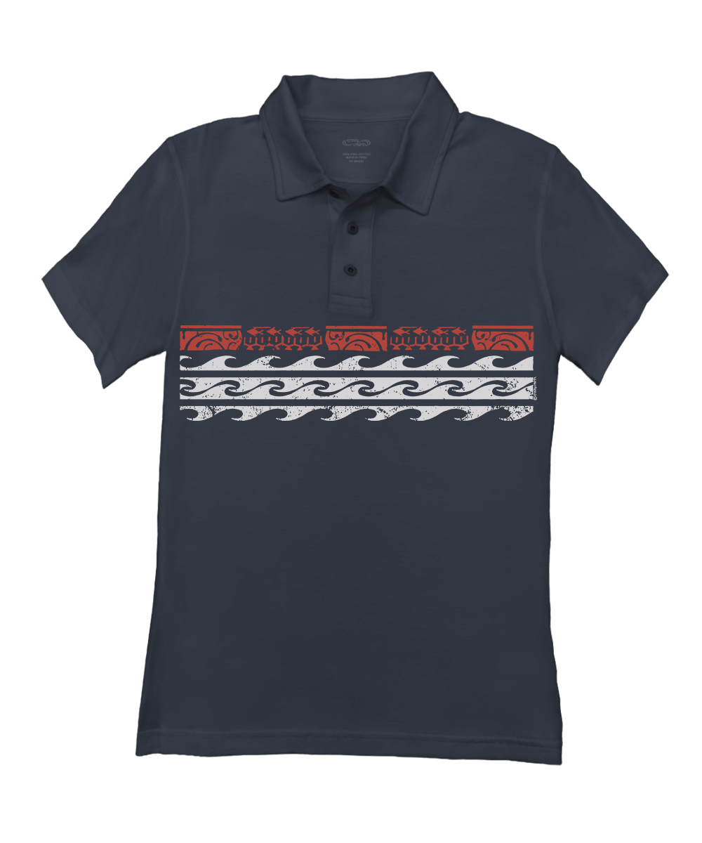 A dark navy blue short-sleeve polo shirt with a horizontal chest graphic featuring red tribal patterns on top and white wavy lines below, displayed against a solid white background. View 1