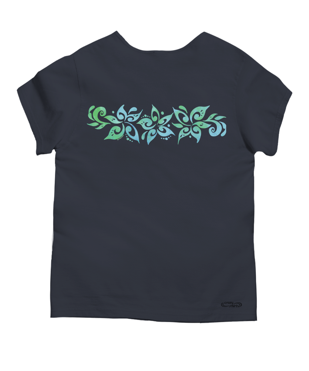 A dark navy blue short-sleeve t-shirt with a horizontal graphic print across the chest featuring green and light blue tribal-style floral and leaf patterns, shown against a plain white background. View 4