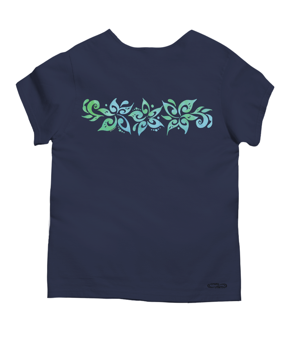 A dark navy blue short-sleeve t-shirt with a horizontal graphic print across the chest featuring green and light blue tribal-style floral and leaf patterns, shown against a plain white background. View 4