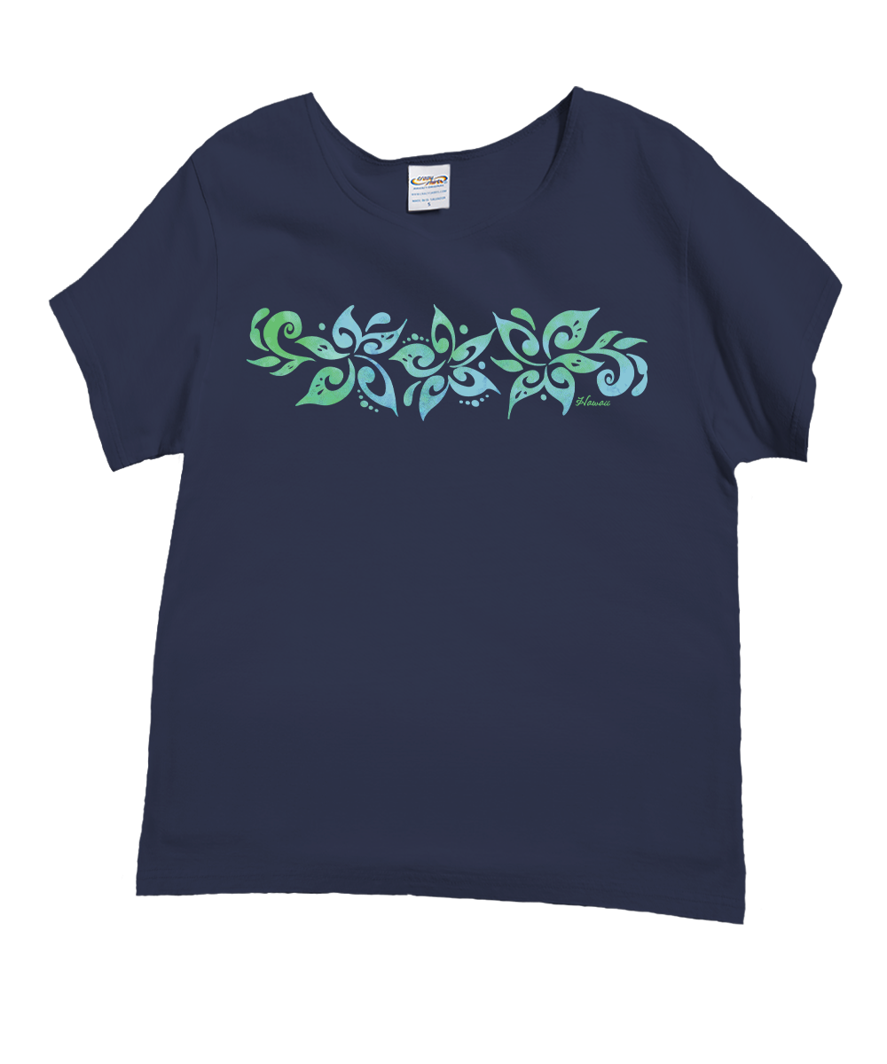 A short-sleeve crewneck t-shirt in dark navy blue, featuring a horizontal graphic print across the chest with green and light blue tribal-style floral and leaf patterns. View 1
