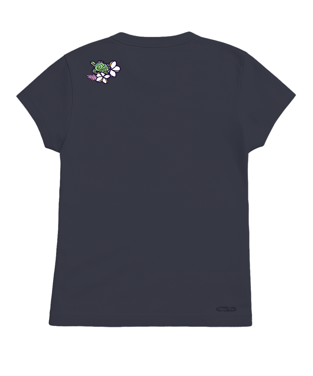 A dark navy blue short-sleeve t-shirt shown from the back, featuring a small graphic of a green turtle and white flowers on the upper left shoulder, with a small black logo near the bottom right hem. View 4