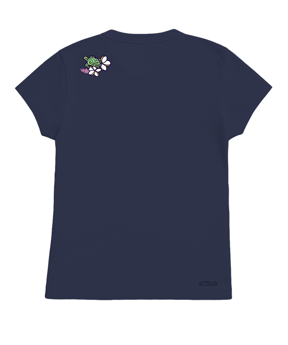 A dark navy blue short-sleeve t-shirt shown from the back, featuring a small graphic of a green turtle and white flowers on the upper left shoulder, with a small black logo near the bottom right hem. View 4