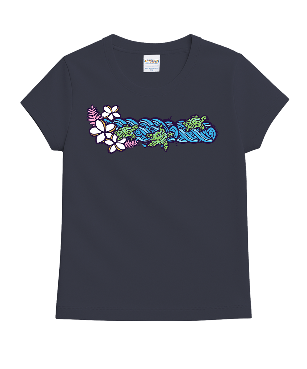 A navy blue short-sleeve crewneck t-shirt featuring a colorful graphic of three green sea turtles swimming in blue waves, accented with white and pink flowers, on a plain white background. View 1