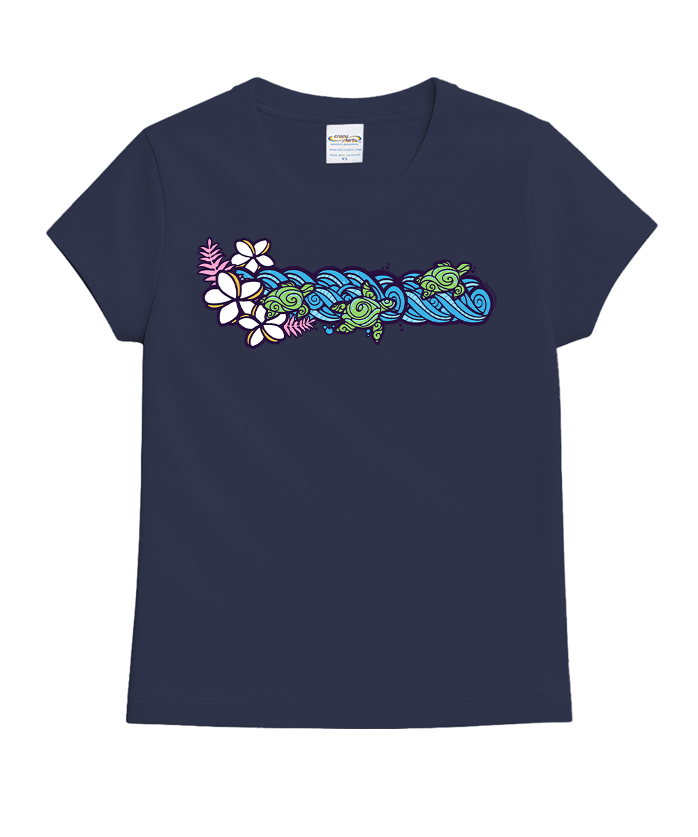 A navy blue short-sleeve crewneck t-shirt featuring a colorful graphic of three green sea turtles swimming in blue waves, accented with white and pink flowers, on a plain white background. View 1