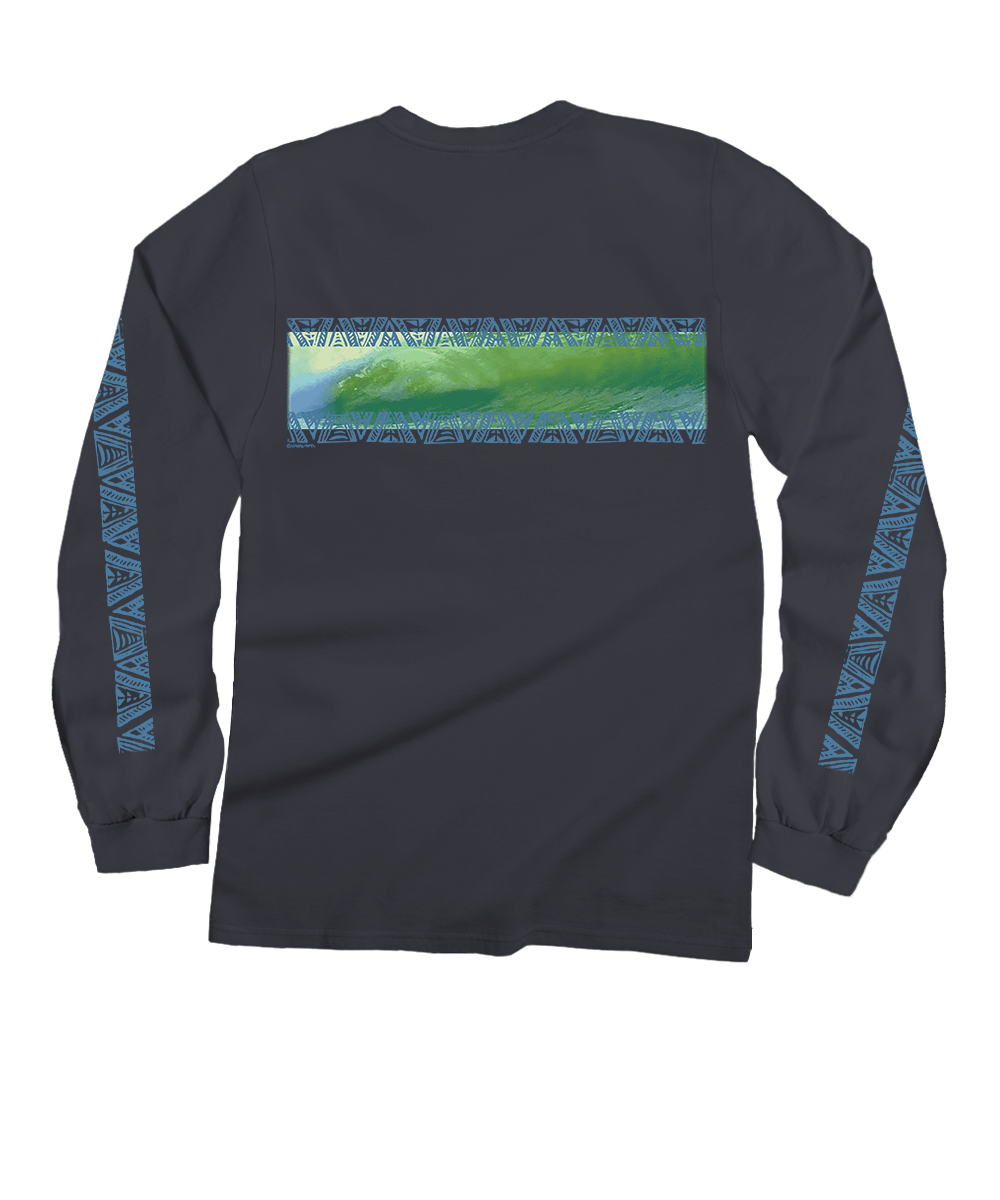 A dark charcoal gray long-sleeve t-shirt with a rectangular graphic print on the chest depicting a green and blue wave, and blue tribal-style patterns running down both sleeves. View 4