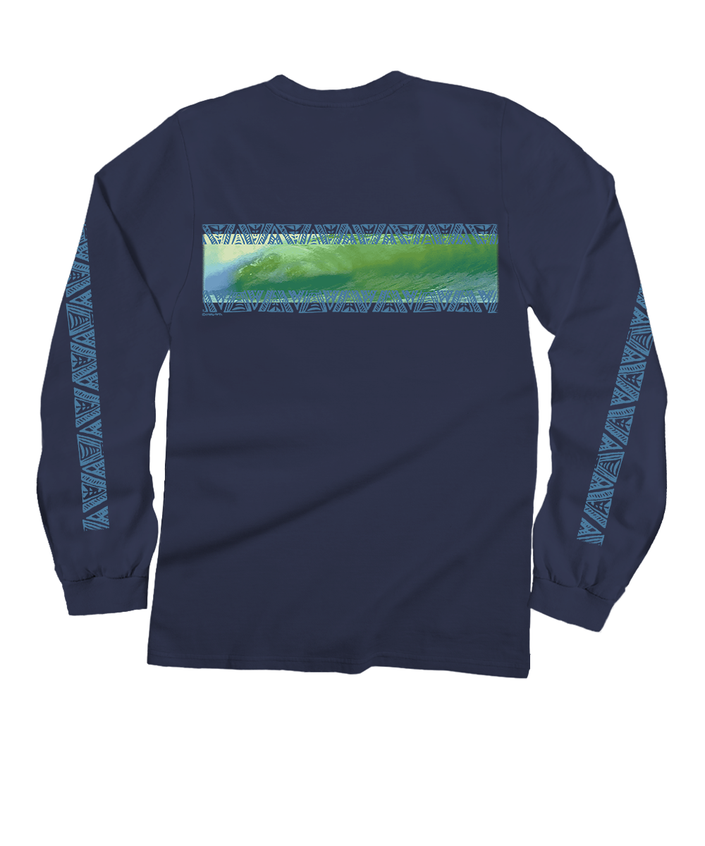 A dark charcoal gray long-sleeve t-shirt with a rectangular graphic print on the chest depicting a green and blue wave, and blue tribal-style patterns running down both sleeves. View 4