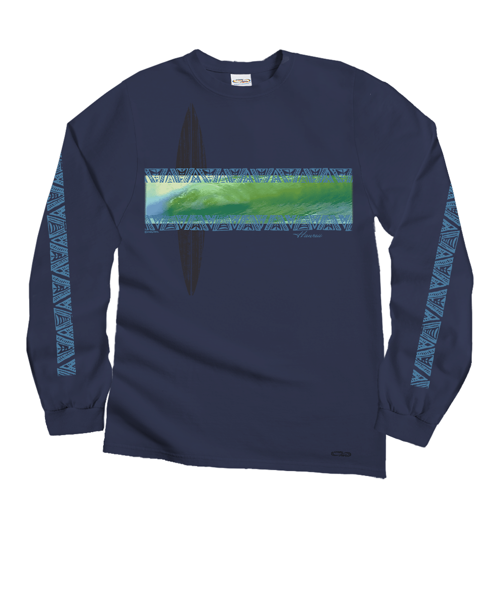 A dark charcoal gray long-sleeve t-shirt featuring a central graphic print of a green ocean wave on a surfboard, with blue tribal patterns running down both sleeves. View 1