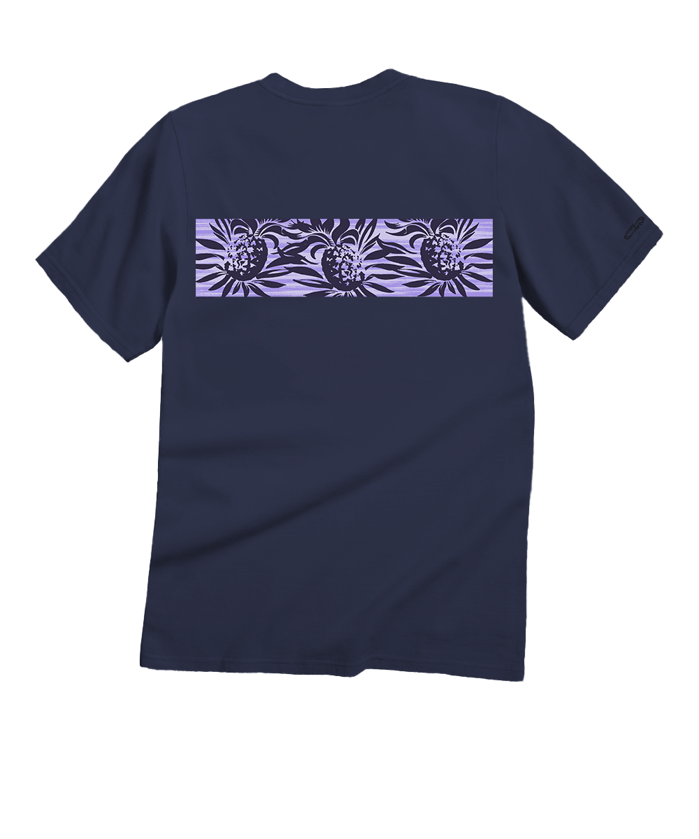 A dark charcoal gray short-sleeve t-shirt with a horizontal lavender and purple graphic print of stylized pineapples across the chest, shown against a plain white background. View 4
