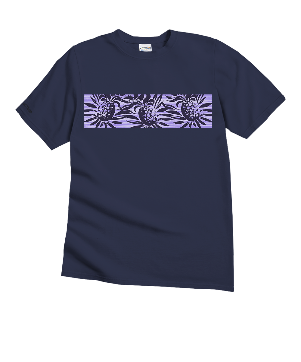 A dark charcoal gray short-sleeve crewneck t-shirt featuring a horizontal lavender and purple graphic print of pineapples and leaf patterns across the chest. View 1