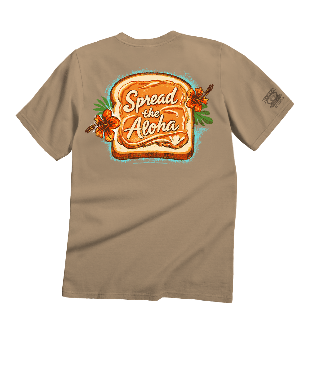 Beige t-shirt with 'Spread the Aloha' design on a white background