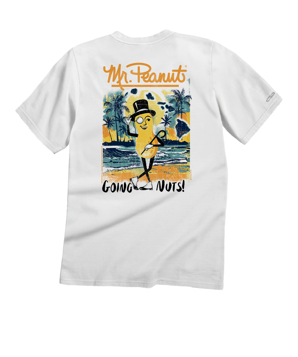 White t-shirt with a colorful graphic and text on the back, featuring a character and palm trees.