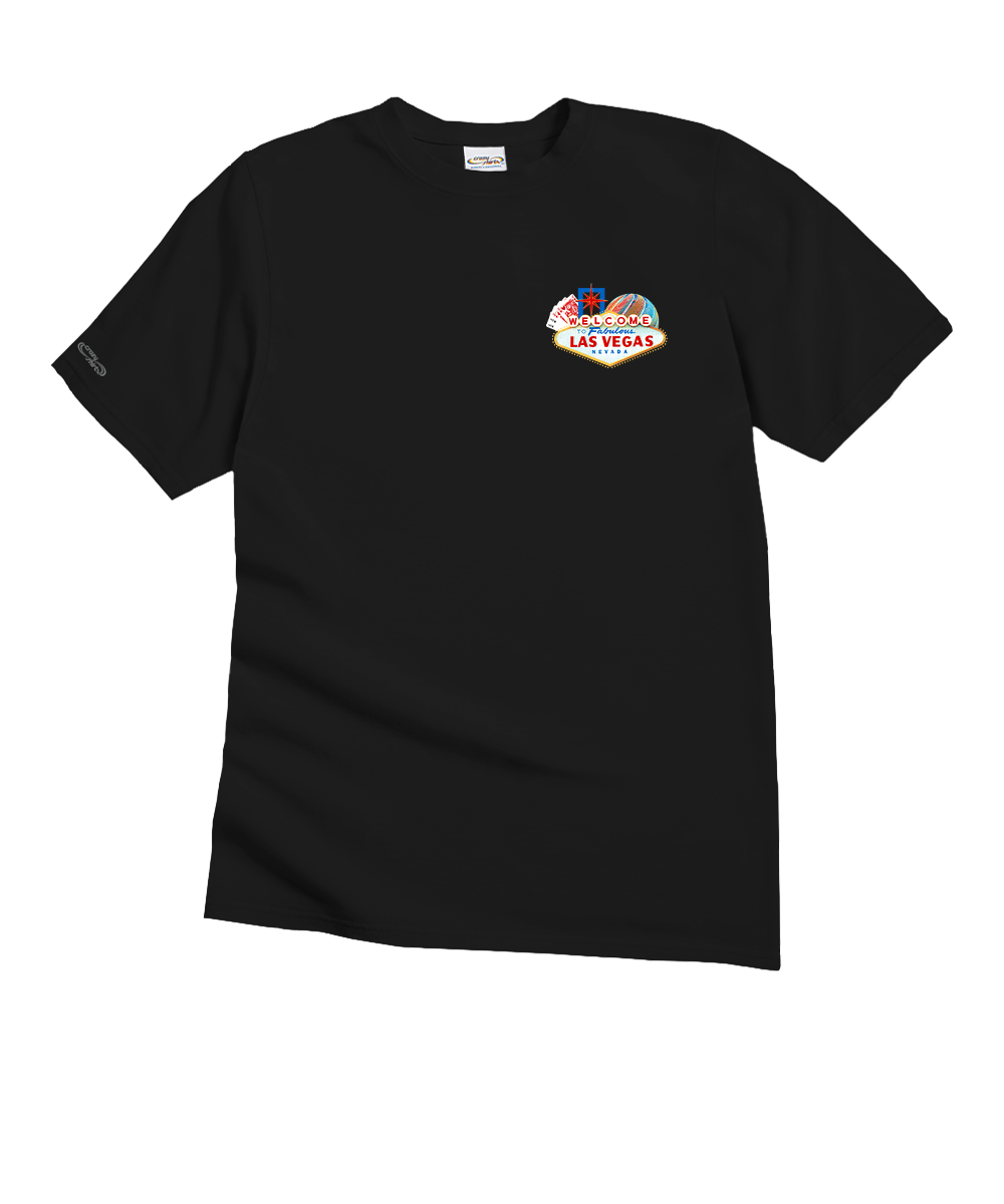 Black t-shirt with a colorful graphic on the chest against a white background View 4