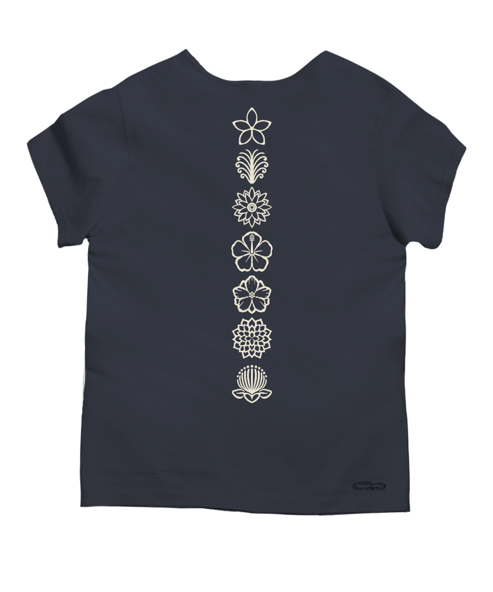 A navy blue short-sleeve t-shirt with a vertical line of white floral and botanical line-art motifs printed down the center back. A small black logo is visible near the bottom right hem. View 4