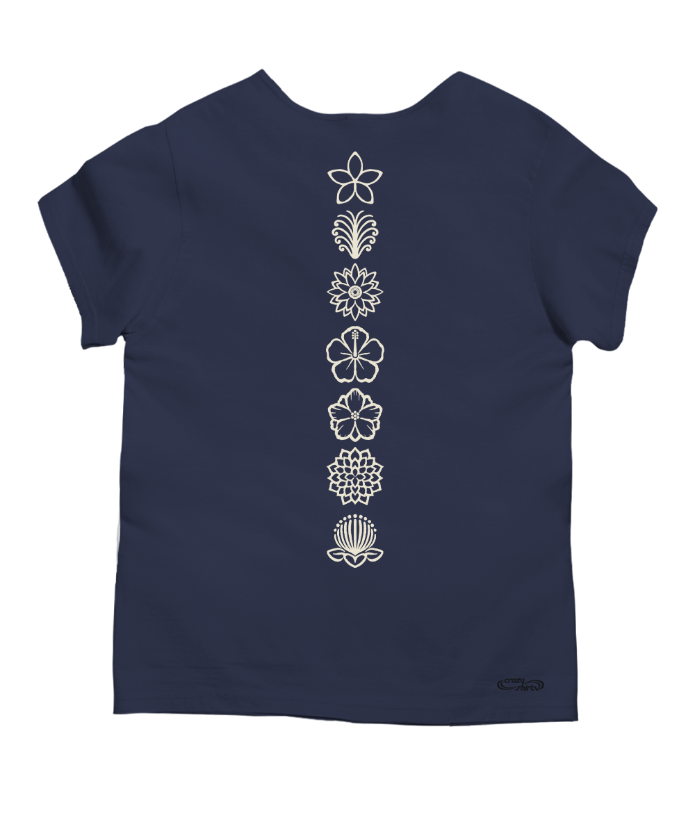 A navy blue short-sleeve t-shirt with a vertical line of white floral and botanical line-art motifs printed down the center back. A small black logo is visible near the bottom right hem. View 4