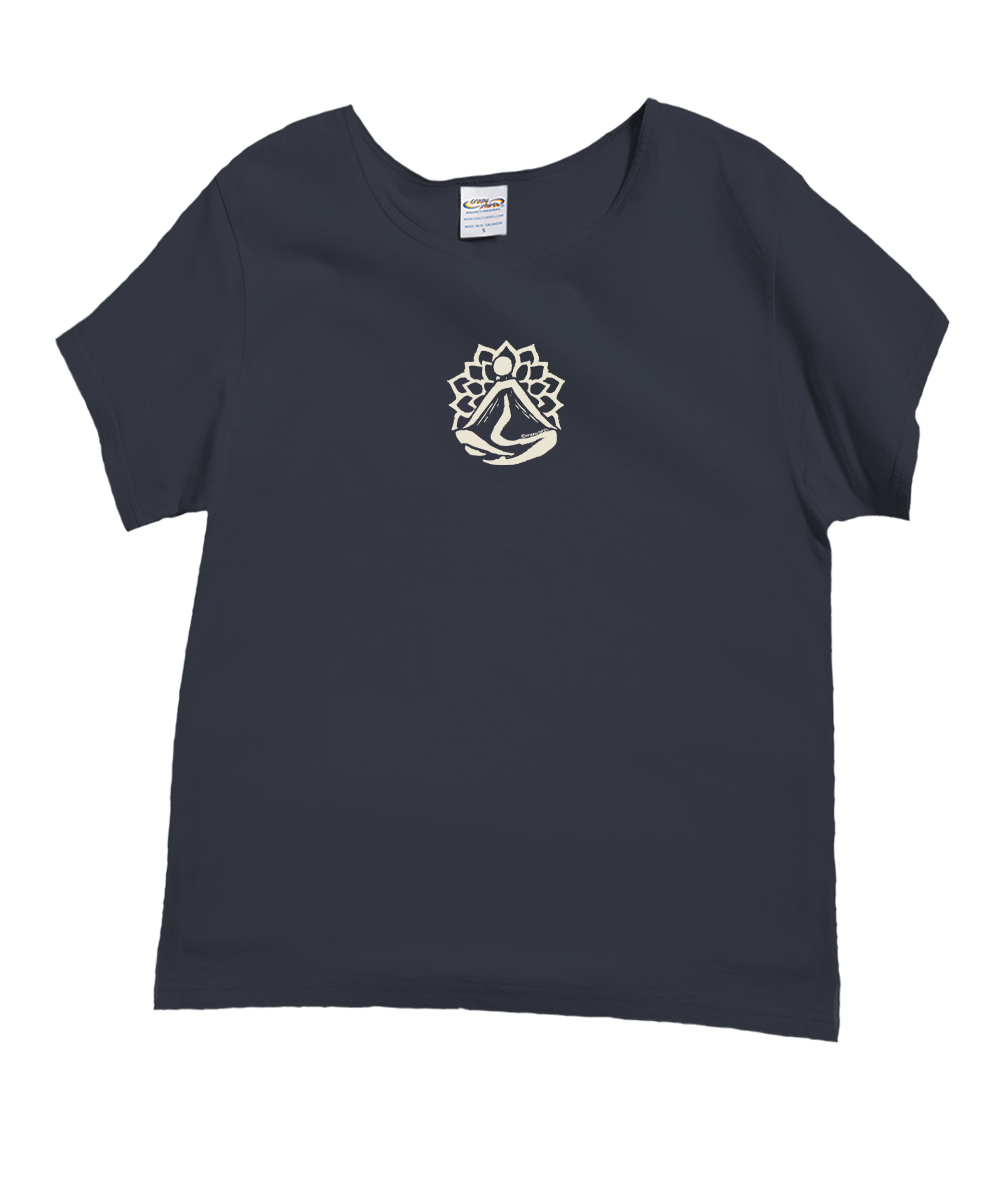 A dark navy blue short-sleeve t-shirt with a small white chest graphic depicting a stylized sailboat and lotus flower, shown against a plain white background. View 1