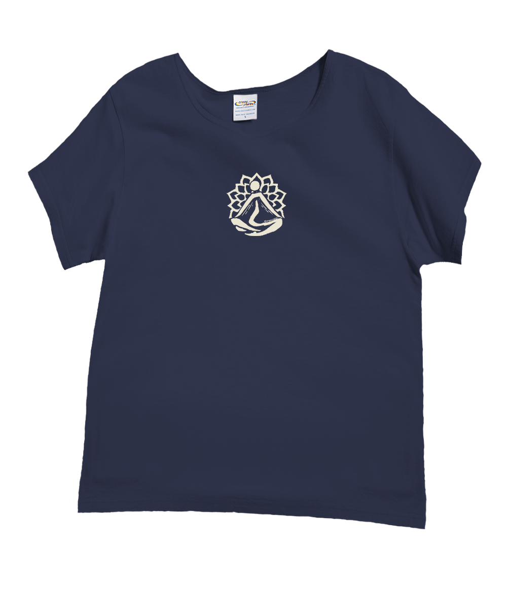 A dark navy blue short-sleeve t-shirt with a small white chest graphic depicting a stylized sailboat and lotus flower, shown against a plain white background. View 1