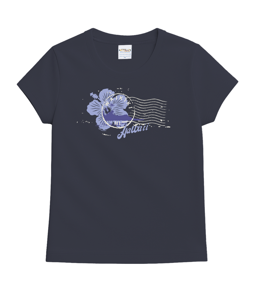 A navy blue short-sleeve t-shirt with a vintage-style postage stamp graphic on the chest. The graphic features a purple hibiscus flower, a white circular stamp border, and the word 'Alican' in a white script font. View 1