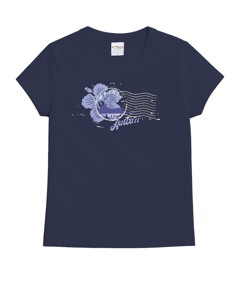 A navy blue short-sleeve t-shirt with a vintage-style postage stamp graphic on the chest. The graphic features a purple hibiscus flower, a white circular stamp border, and the word 'Alican' in a white script font. View 1