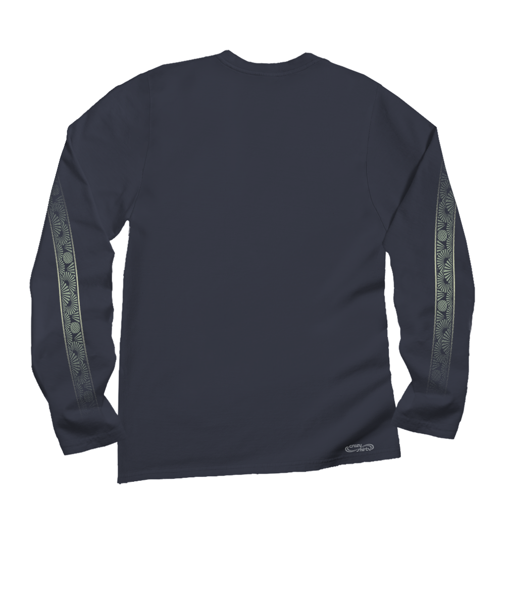 A dark navy long-sleeve t-shirt shown from the back, featuring a subtle textured pattern running down both sleeves and a small white graphic near the bottom hem. View 4