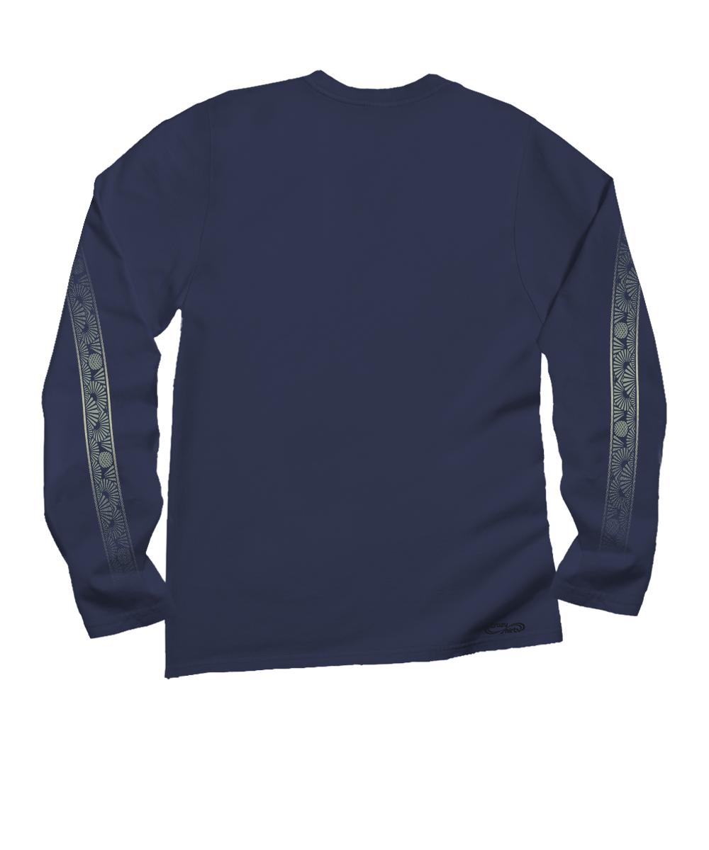 A dark navy long-sleeve t-shirt shown from the back, featuring a subtle textured pattern running down both sleeves and a small white graphic near the bottom hem. View 4