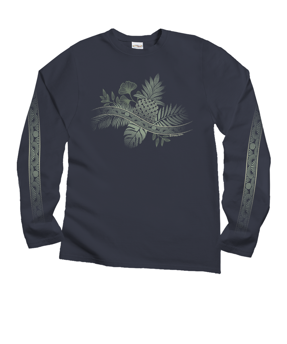 A navy blue long-sleeve t-shirt with a tropical botanical graphic on the chest and patterned details down both sleeves, displayed flat against a white background. View 1