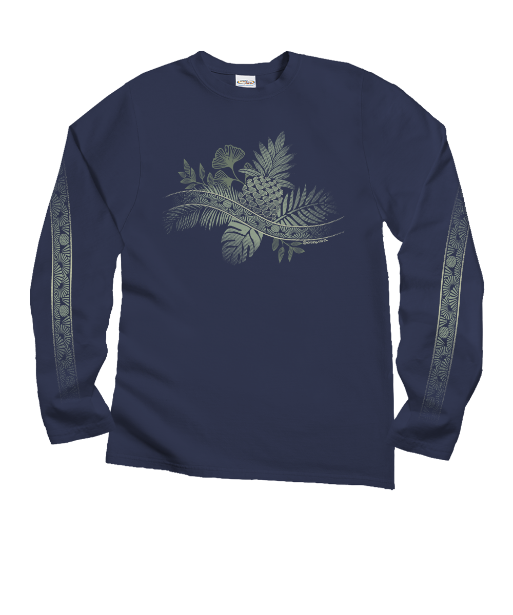 A navy blue long-sleeve t-shirt with a tropical botanical graphic on the chest and patterned details down both sleeves, displayed flat against a white background. View 1