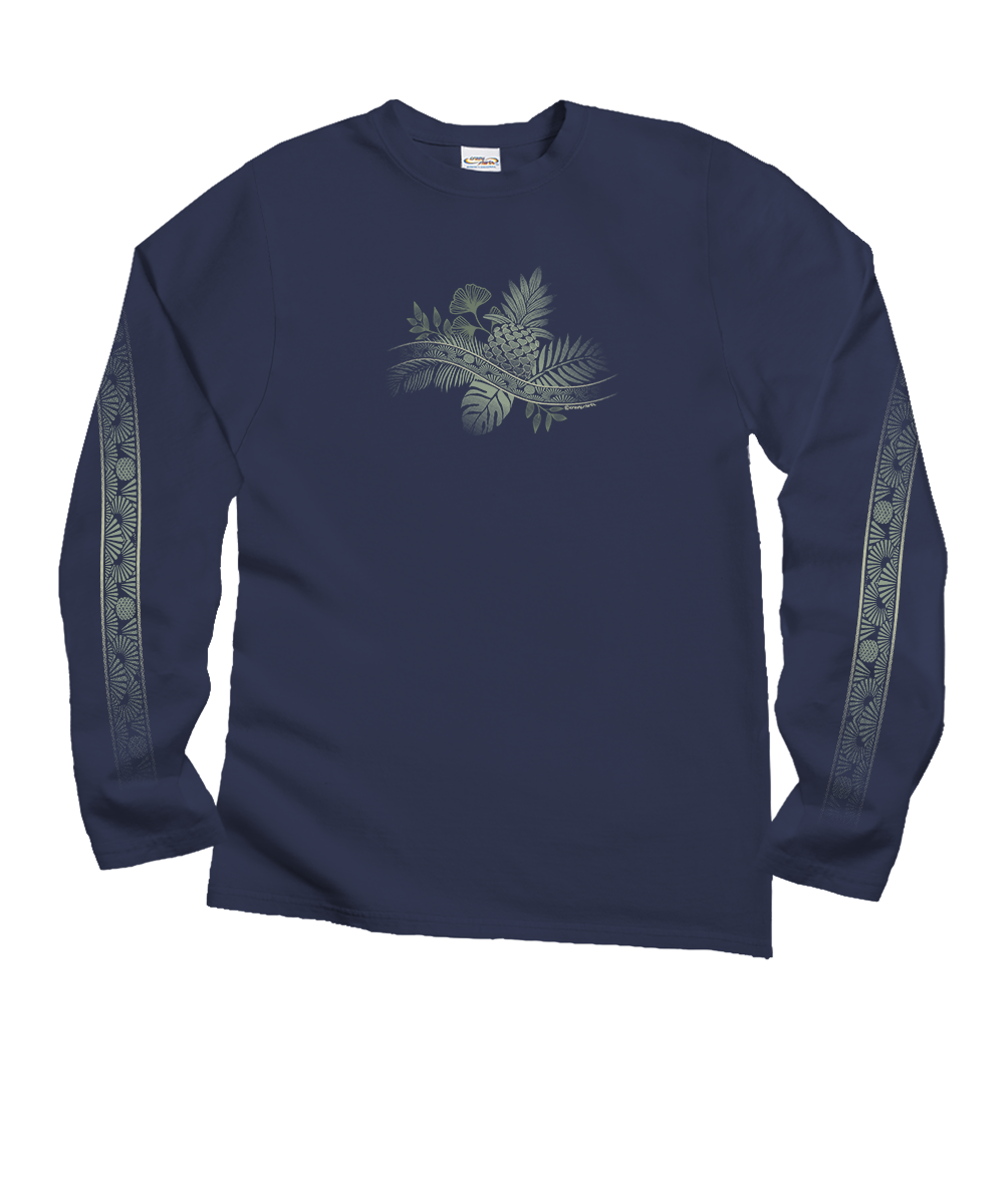 A navy blue long-sleeve crewneck shirt with a light sage green botanical fern graphic on the center chest and matching vertical sage green patterned stripes on both sleeves, displayed flat against a white background. View 1
