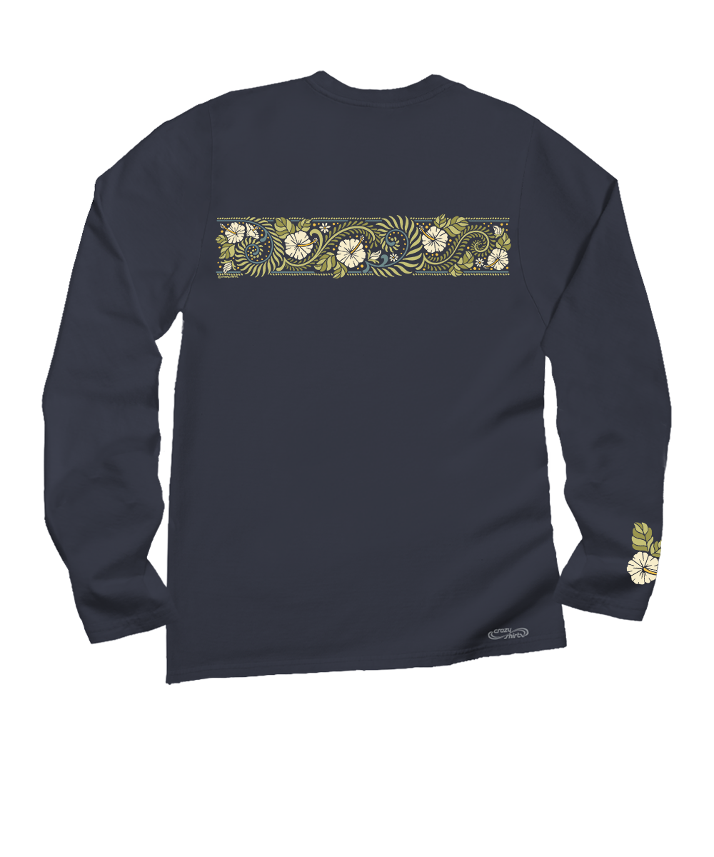 A dark navy long-sleeve t-shirt with a horizontal band of green and white floral patterns across the chest and a matching floral print on the left sleeve cuff, shown against a plain white background. View 4