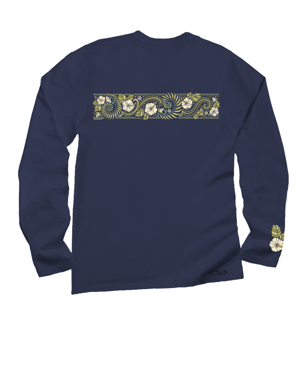A dark navy long-sleeve t-shirt with a horizontal band of green and white floral patterns across the chest and a matching floral print on the left sleeve cuff, shown against a plain white background. View 4