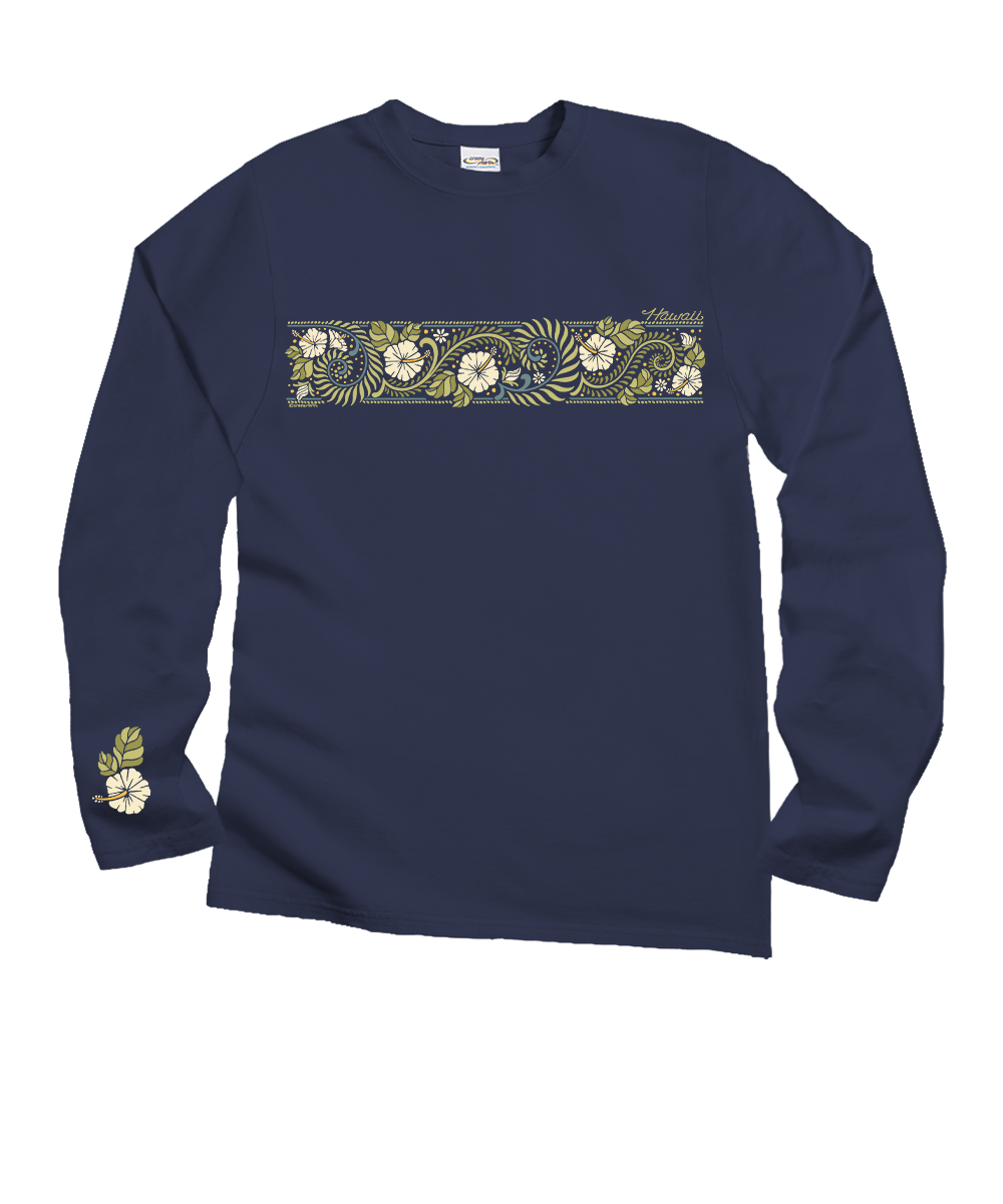 A navy blue long-sleeve crewneck shirt featuring a horizontal floral and paisley pattern band across the chest and a matching floral detail on the left sleeve cuff, shown against a plain white background. View 1