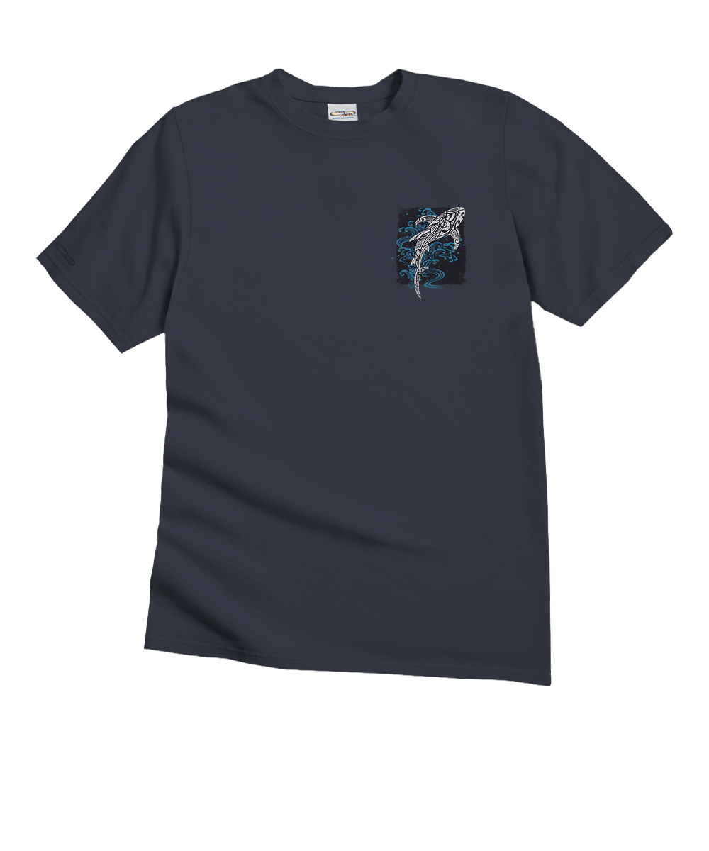 A dark charcoal gray short-sleeve crewneck t-shirt with a small graphic print of a shark on the left chest, set against a plain white background. View 4