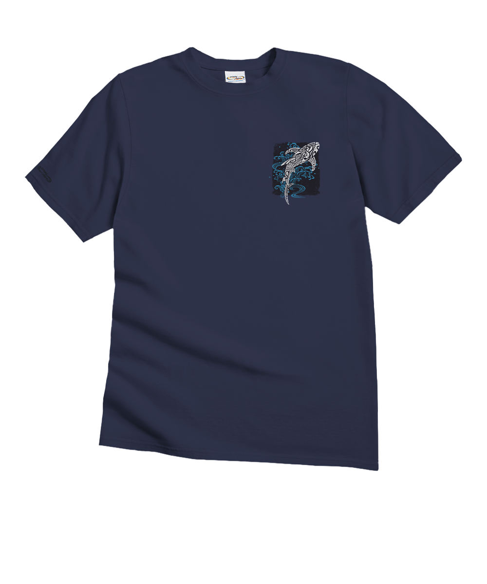 A dark charcoal gray short-sleeve crewneck t-shirt with a small graphic print of a shark on the left chest, set against a plain white background. View 4