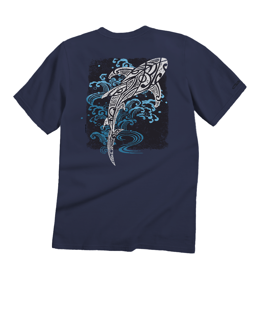 A dark charcoal gray short-sleeve t-shirt shown from the back, featuring a large graphic print of a stylized shark or whale with tribal patterns and blue ocean waves on a black background. View 1