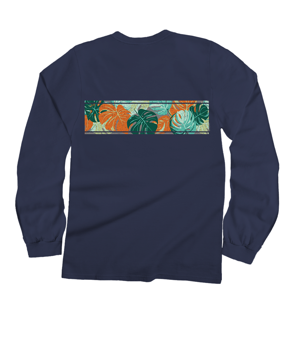 A dark charcoal gray long-sleeve t-shirt with a horizontal tropical leaf pattern graphic across the chest, featuring orange and green leaves on a light background. View 4