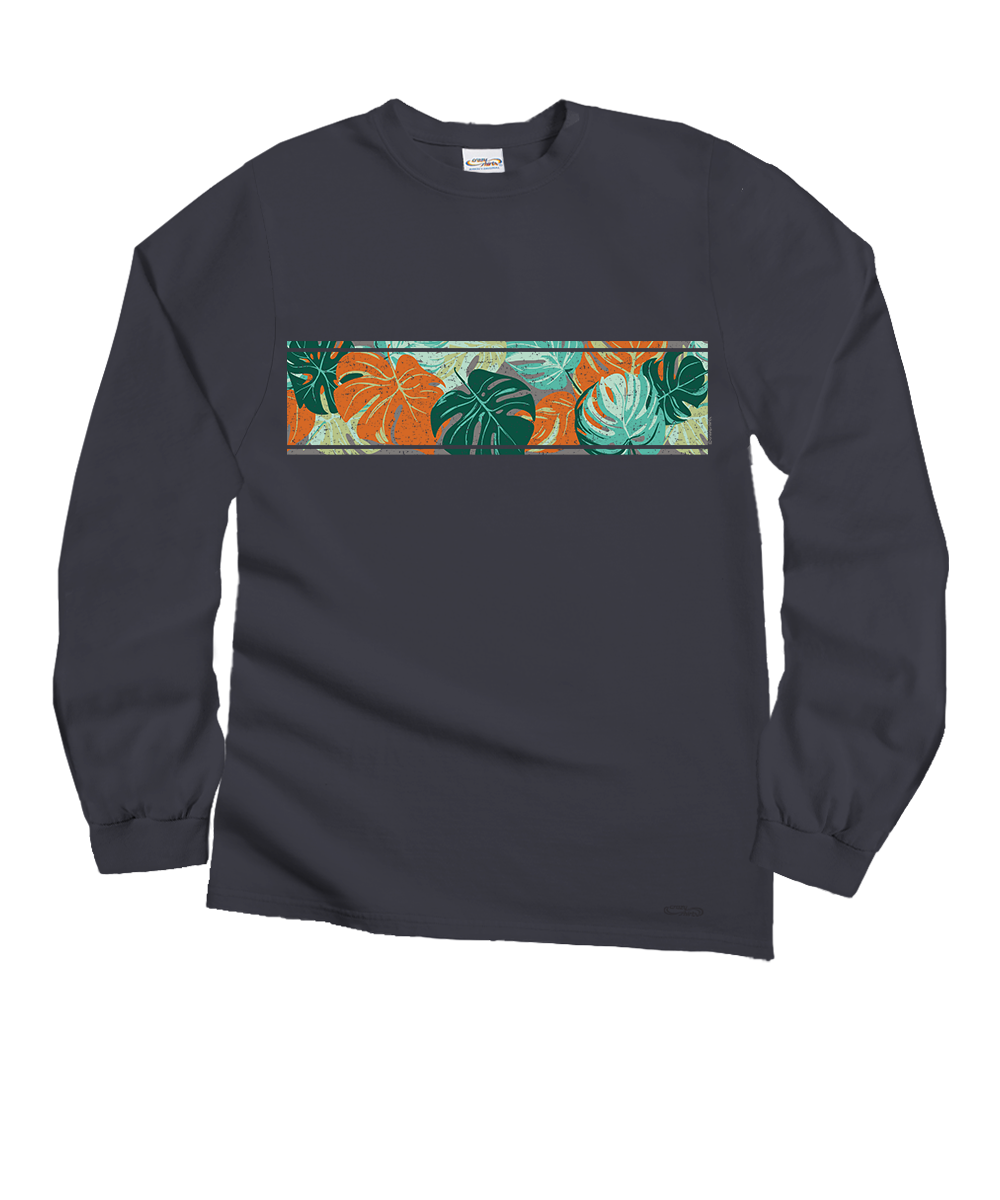 A dark charcoal gray long-sleeve crewneck shirt featuring a horizontal tropical print graphic on the chest with orange and green leaves. View 1