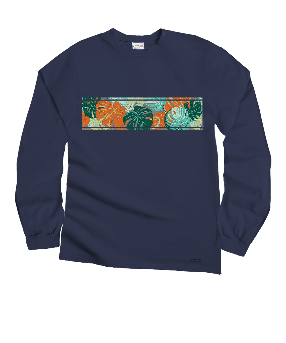 A dark charcoal gray long-sleeve crewneck shirt featuring a horizontal tropical print graphic on the chest with orange and green leaves. View 1