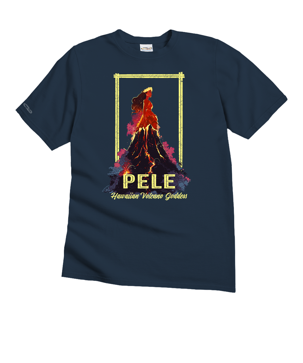 A navy blue short-sleeve t-shirt featuring a graphic print of Pele, the Hawaiian Volcano Goddess, with a golden frame and the text 'PELE' and 'Hawaiian Volcano Goddess' on the front. View 1