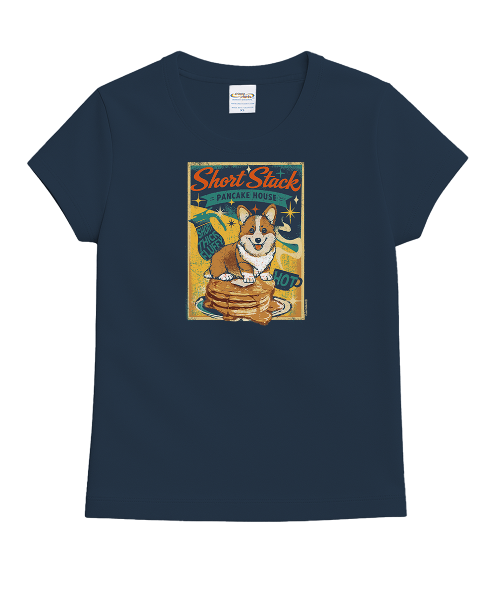 A navy blue short-sleeve crewneck t-shirt featuring a colorful graphic print of a corgi sitting on a stack of pancakes in front of a retro-style 'Short Stack Pancake House' sign. View 1