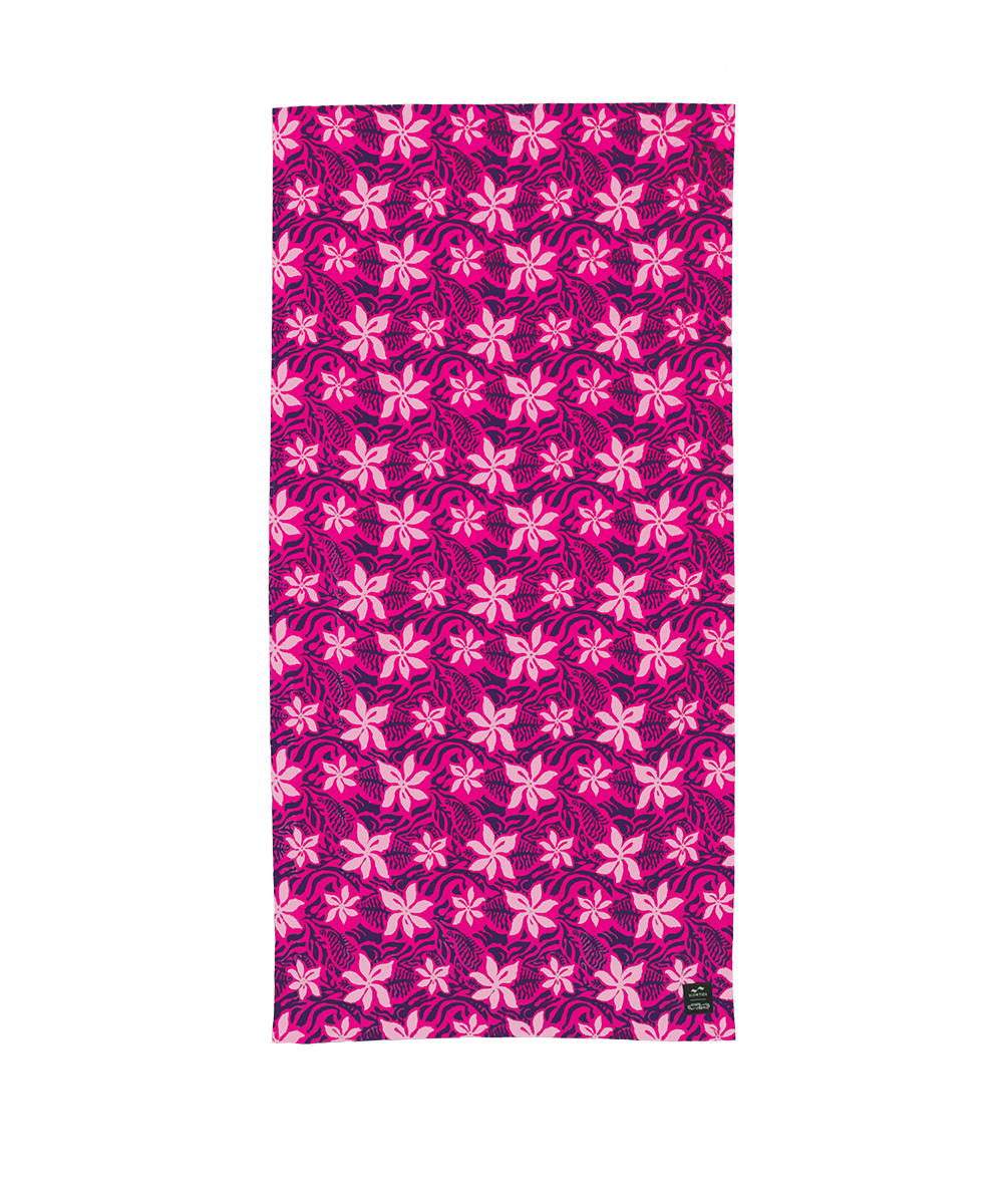A rectangular fabric item, likely a towel or blanket, featuring an all-over repeating floral pattern in vibrant magenta pink, fuchsia, and light pink tones on a dark background. View 1