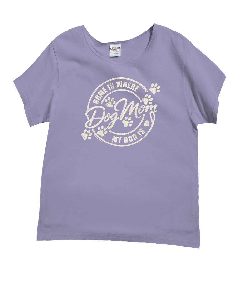 Purple t-shirt with 'Home is where Dog Mom is' text and paw prints on a white background View 1