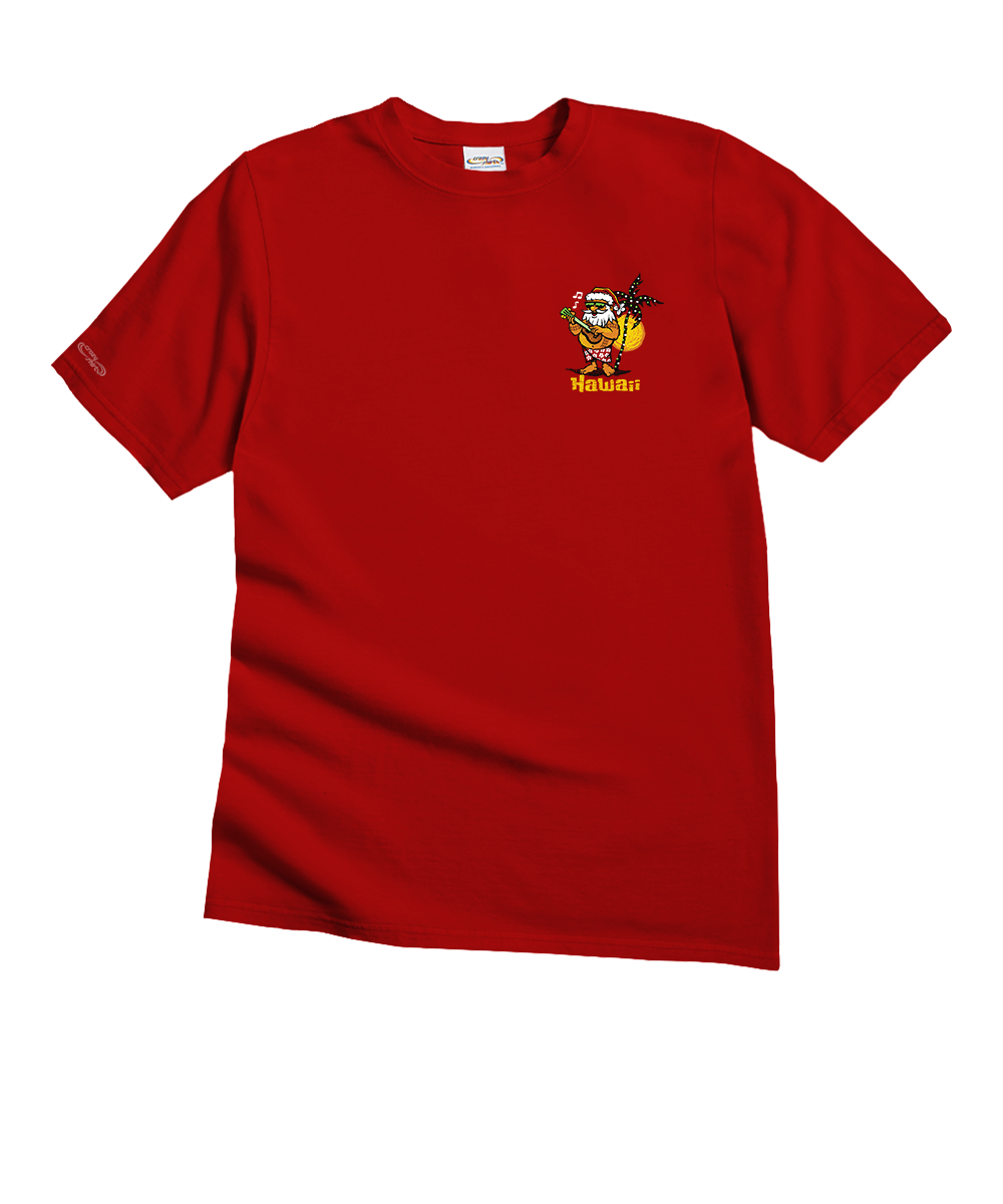 A red short-sleeve crewneck t-shirt with a small cartoon graphic and the word 'Mubins' printed on the left chest, displayed on a solid white background. View 4