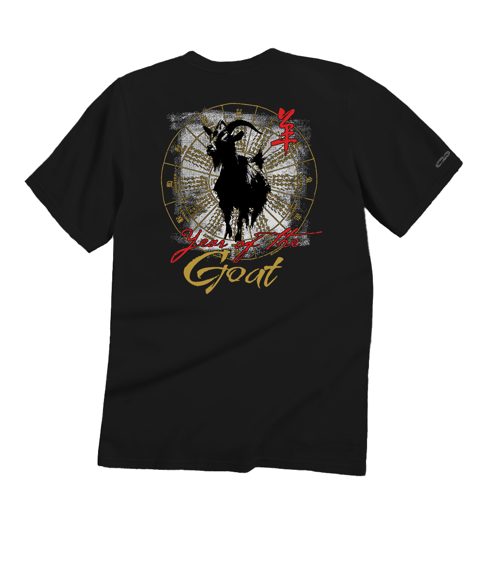 A black short-sleeve t-shirt with a large graphic on the front featuring a black goat silhouette, a circular zodiac wheel, and the words 'Year of the Goat' in gold and red script. View 1