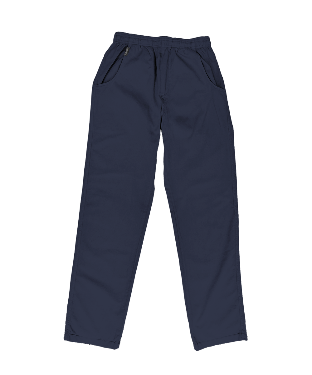 A pair of dark gray drawstring pants with side pockets, laid flat against a solid white background. View 1