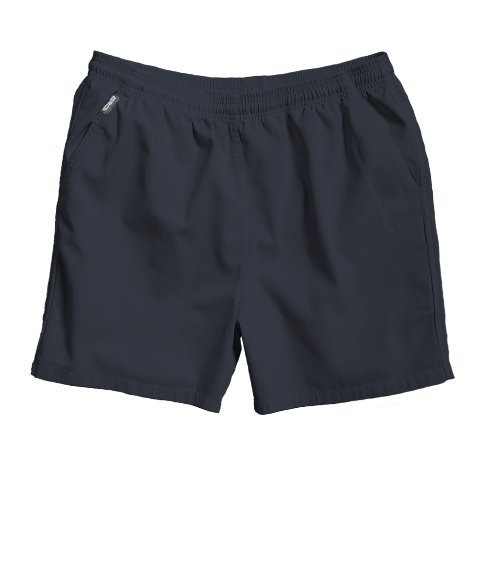 A pair of dark navy blue athletic shorts with an elastic waistband, displayed against a solid white background. View 1