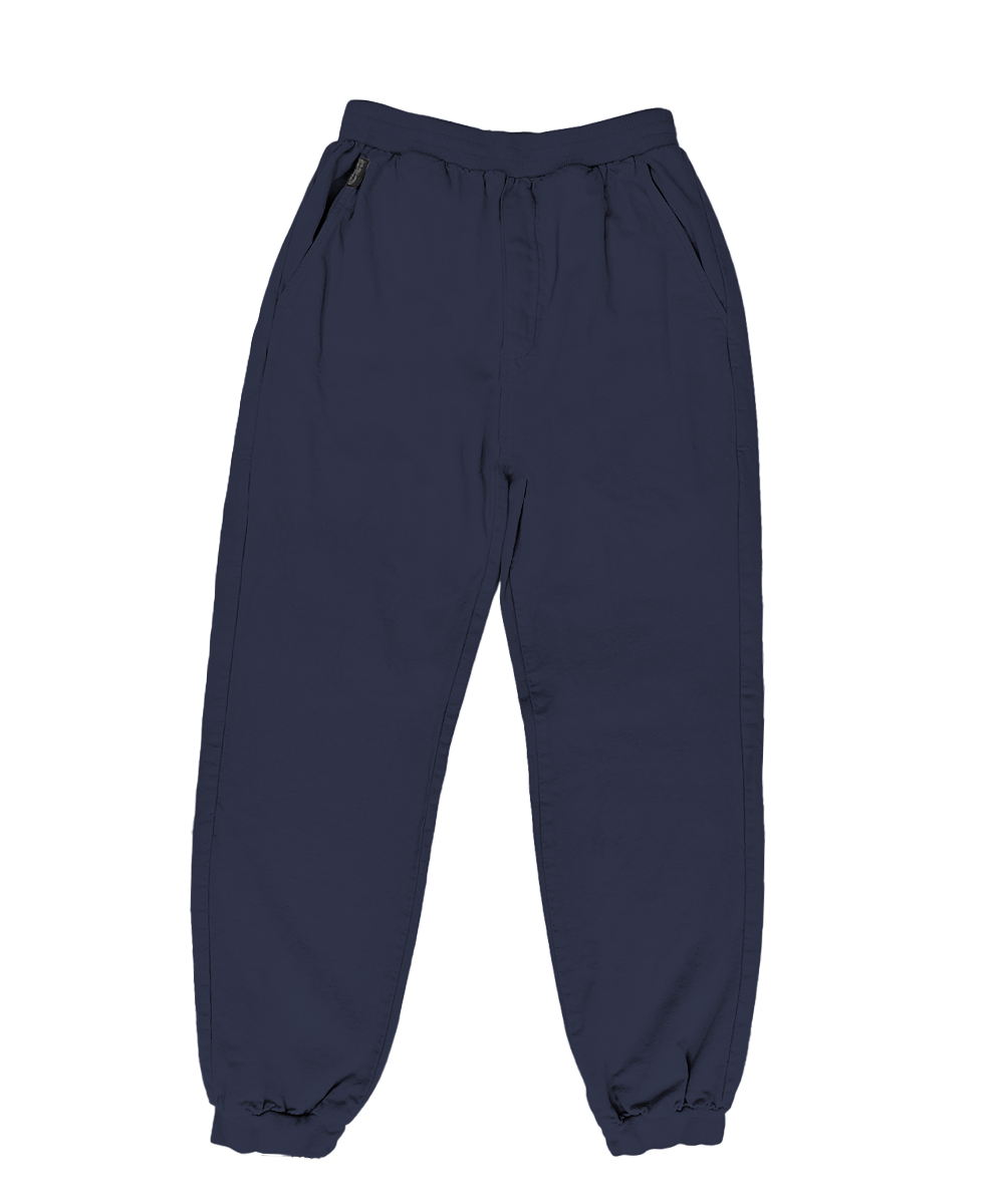 Dark slate blue jogger pants with an elastic waistband and cuffed ankles, shown flat on a white background. View 1