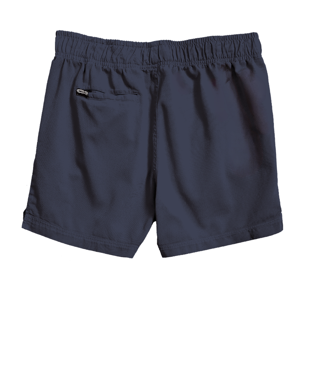 Dark gray elastic waist shorts with a side pocket, shown from the back on a white background. View 4