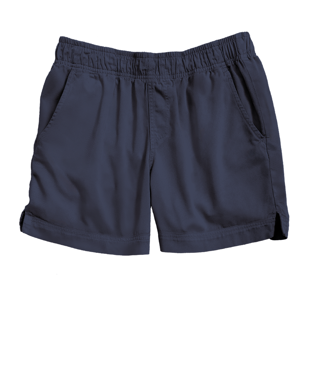 A pair of dark gray elastic-waist shorts with side pockets, shown flat against a white background. View 1